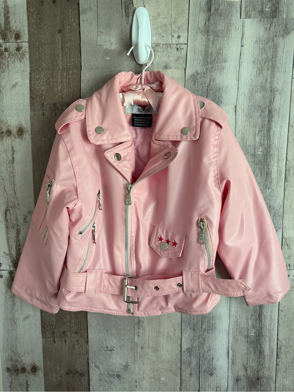 Girls pink faux leather biker motorcycle jacket